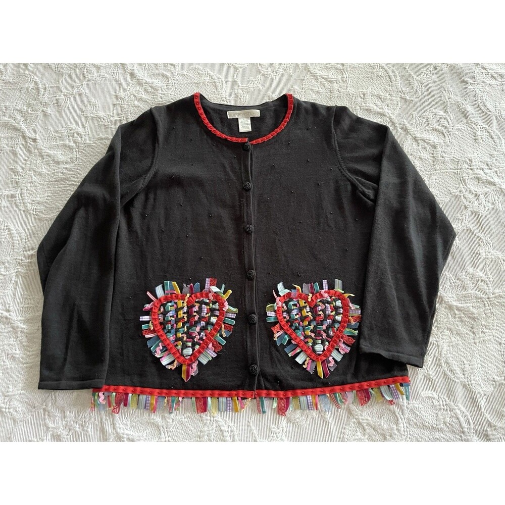 Arriviste Woven Heart Button-Up Sweater Beads Colorful Ribbon Ladies Large - Picture 12 of 12